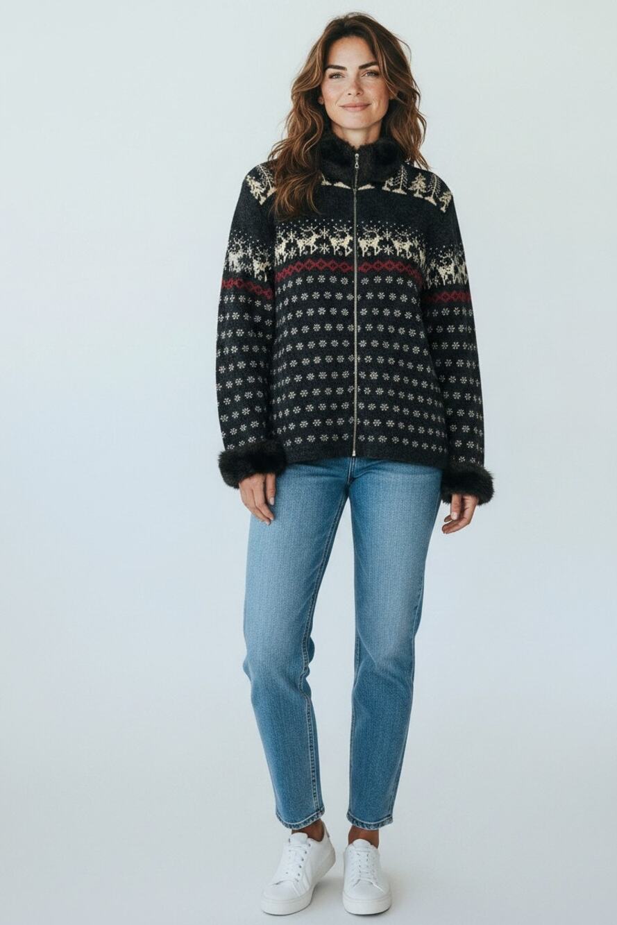 Skyr Wool Nordic Fair Isle Ski Cardigan Sweater Fur Trim M Apres Ski  Cabincore